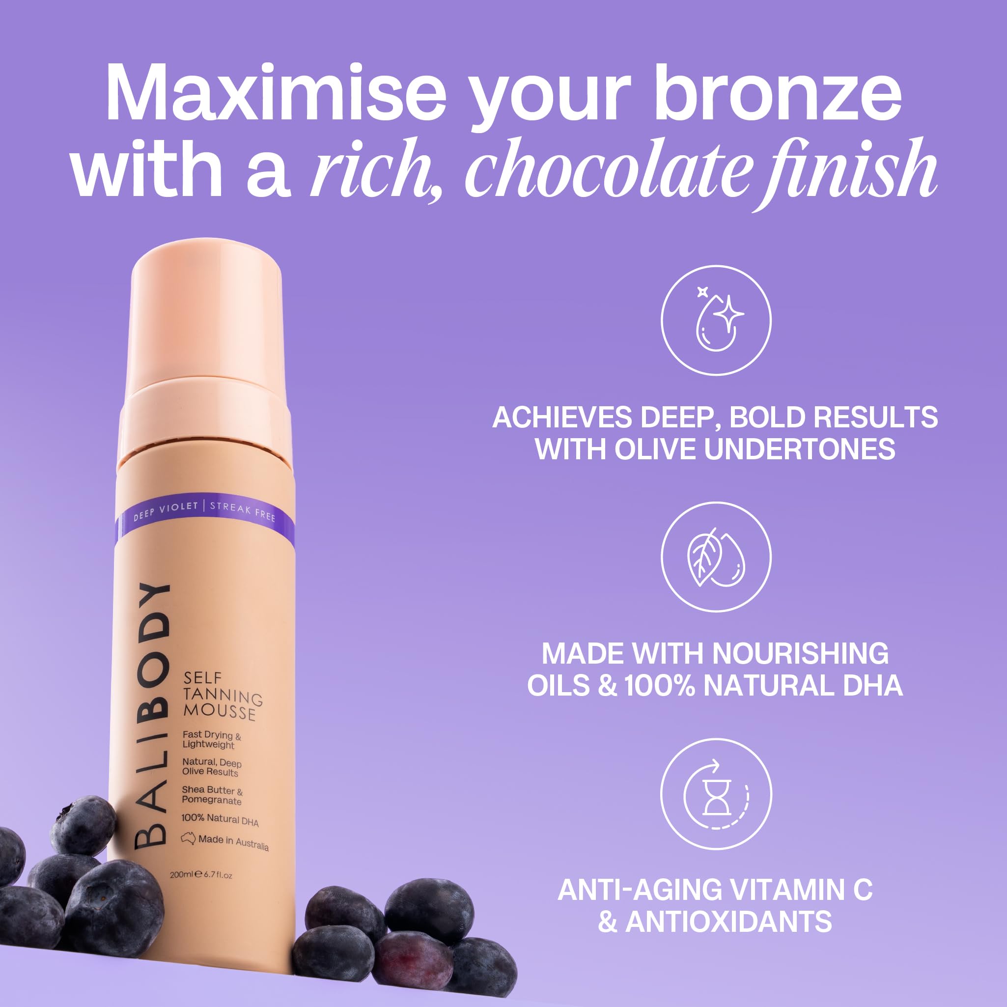 Bali Body Deep Violet Mousse buildable coverage allows adjusting depth from light to deep.