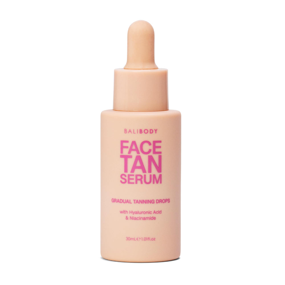 Bali Body Face Tan Serum bottle close-up showing natural DHA-based gradual tan