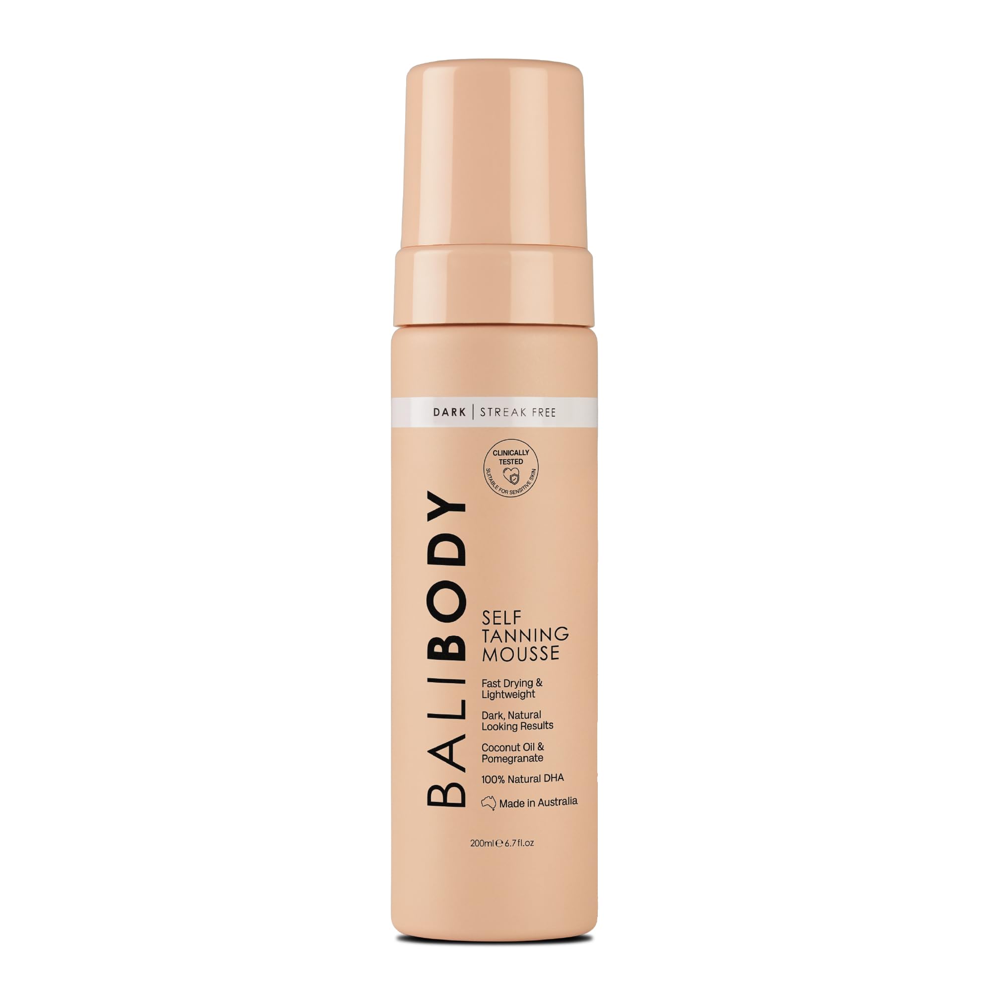 Bali Body Self Tanner Mousse Dark packaging closeup, highlighting vegan, cruelty-free self-tanner use