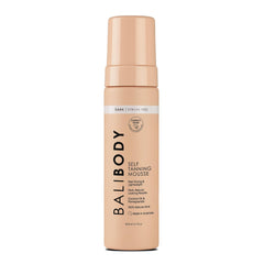 Bali Body Self Tanner Mousse Dark packaging closeup, highlighting vegan, cruelty-free self-tanner use