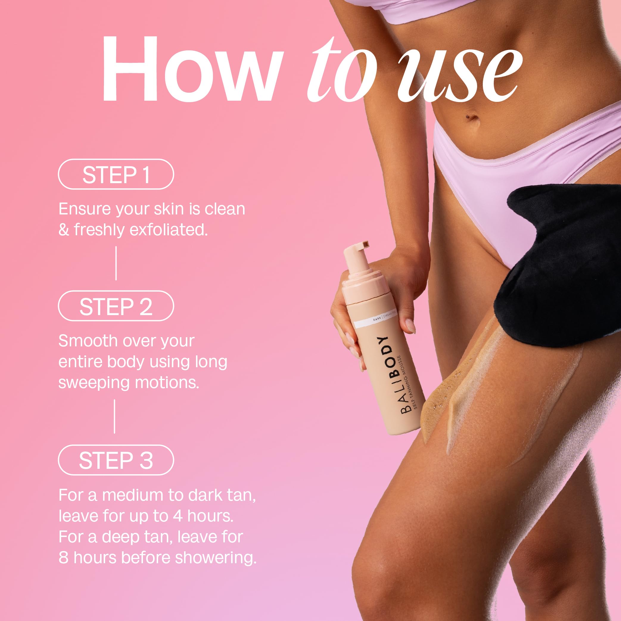 Bali Body Self Tanner Mousse Dark vegan, cruelty-free formula for all skin tones