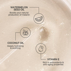 Texture close-up of Bali Body Watermelon Tanning Oil SPF 6 on skin for hydration.