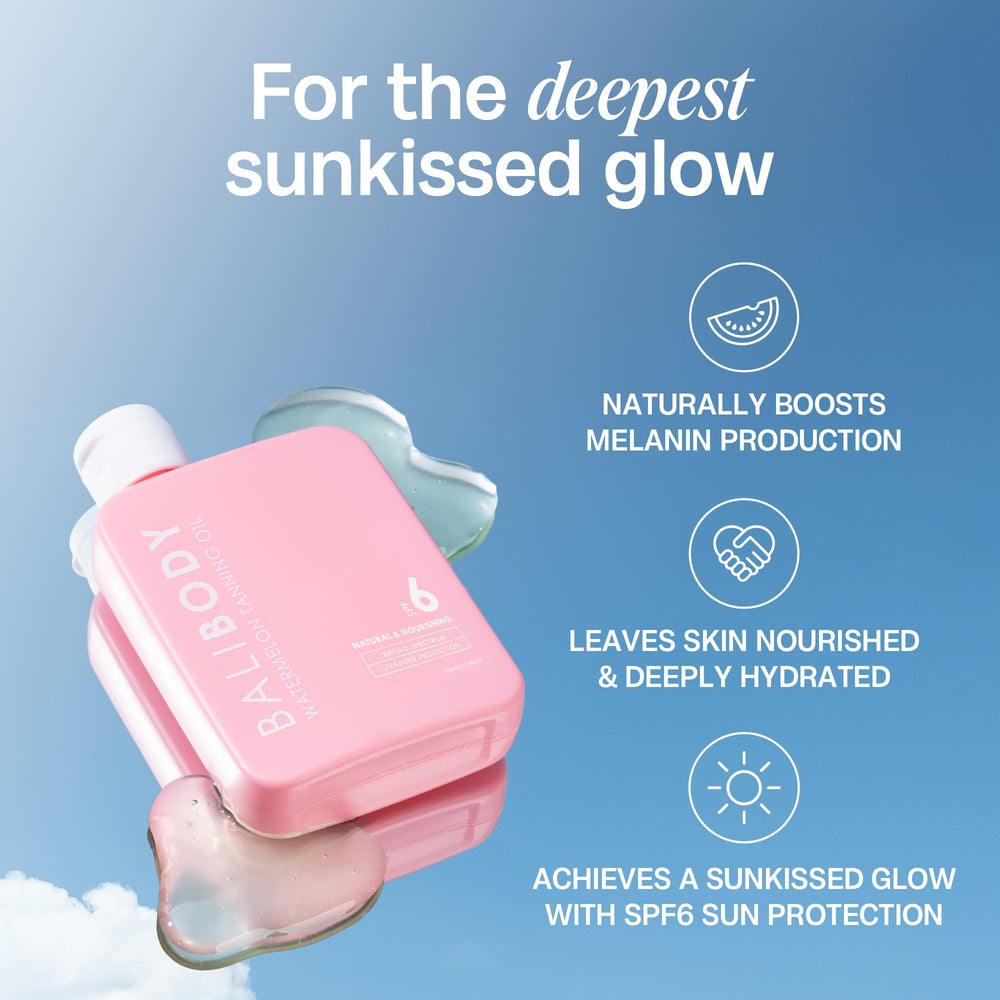 Sun-lit scene with Bali Body Watermelon Tanning Oil SPF 6 for a natural tan.