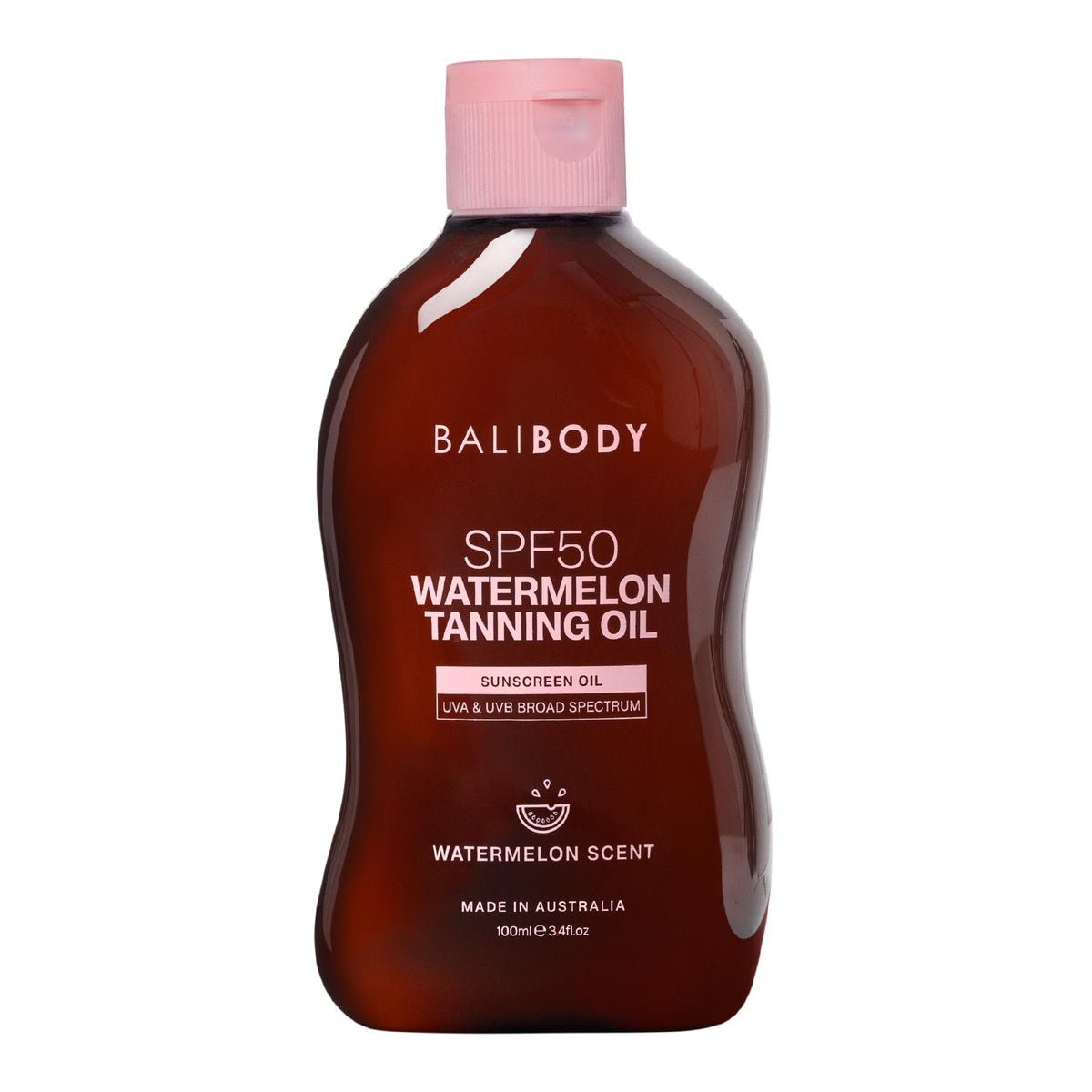 BALI BODY Watermelon Tanning Oil SPF50 bottle shows hydration and protection.