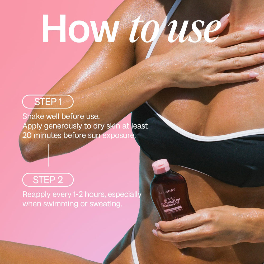 BALI BODY Watermelon Tanning Oil SPF50 label and packaging look premium.