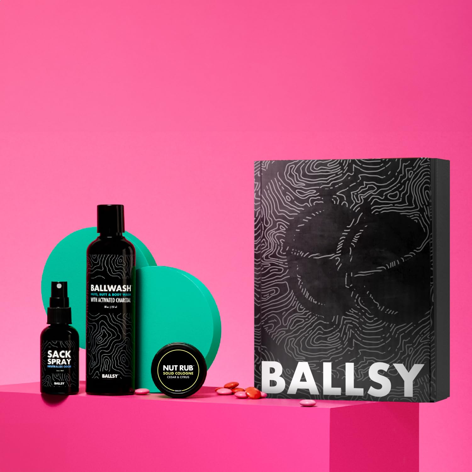 Ballsy Ballwash bottle shown, clean scent without overpowering fragrance.