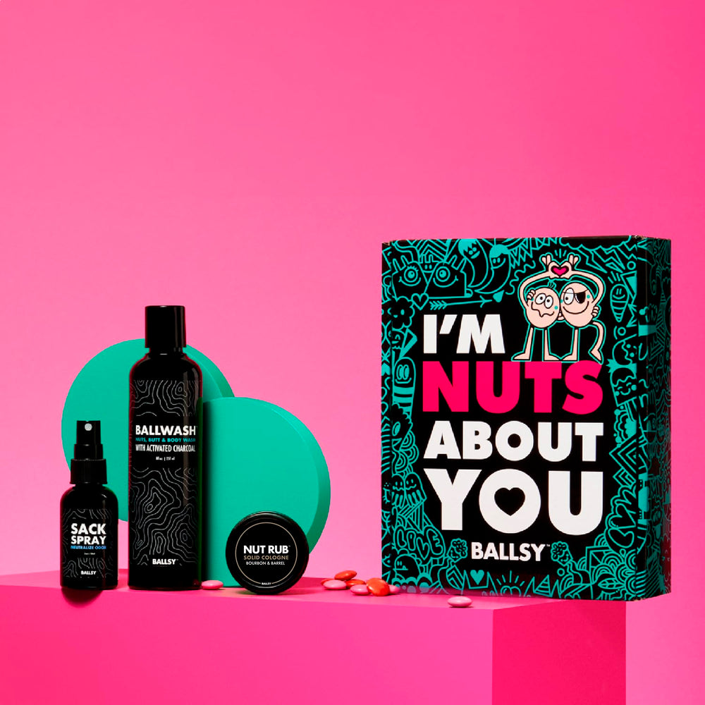 Ballsy Ballwash bottle displayed, delivers a clean, balanced scent daily.