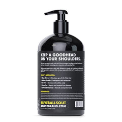 Ballsy Goodhead Shampoo label close-up highlights USA-made, cruelty-free formula.