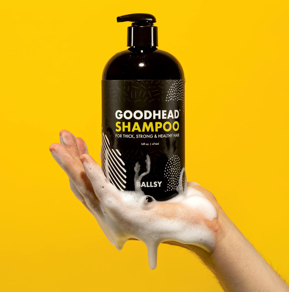 Ballsy Goodhead Shampoo pump dispense shot showing a rich lather and easy application.