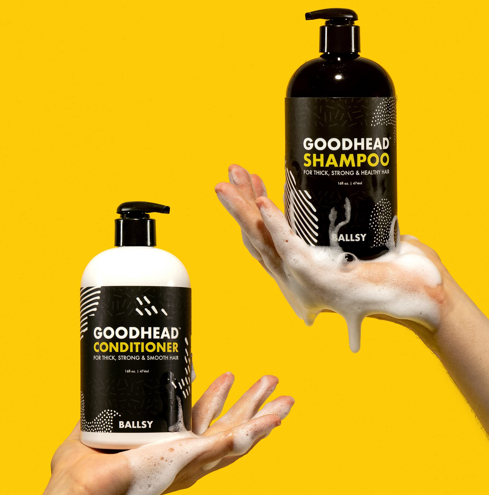 Ballsy Goodhead Shampoo application on wet hair to cleanse and invigorate the scalp.