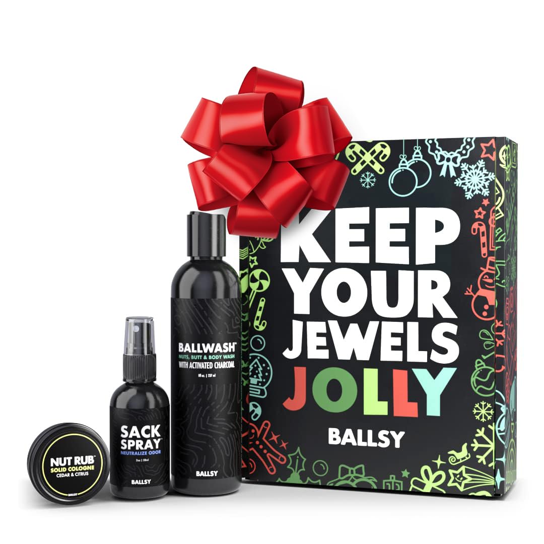 Ballsy Sack Pack box with branding, a complete fresh-kit for on-the-go grooming.