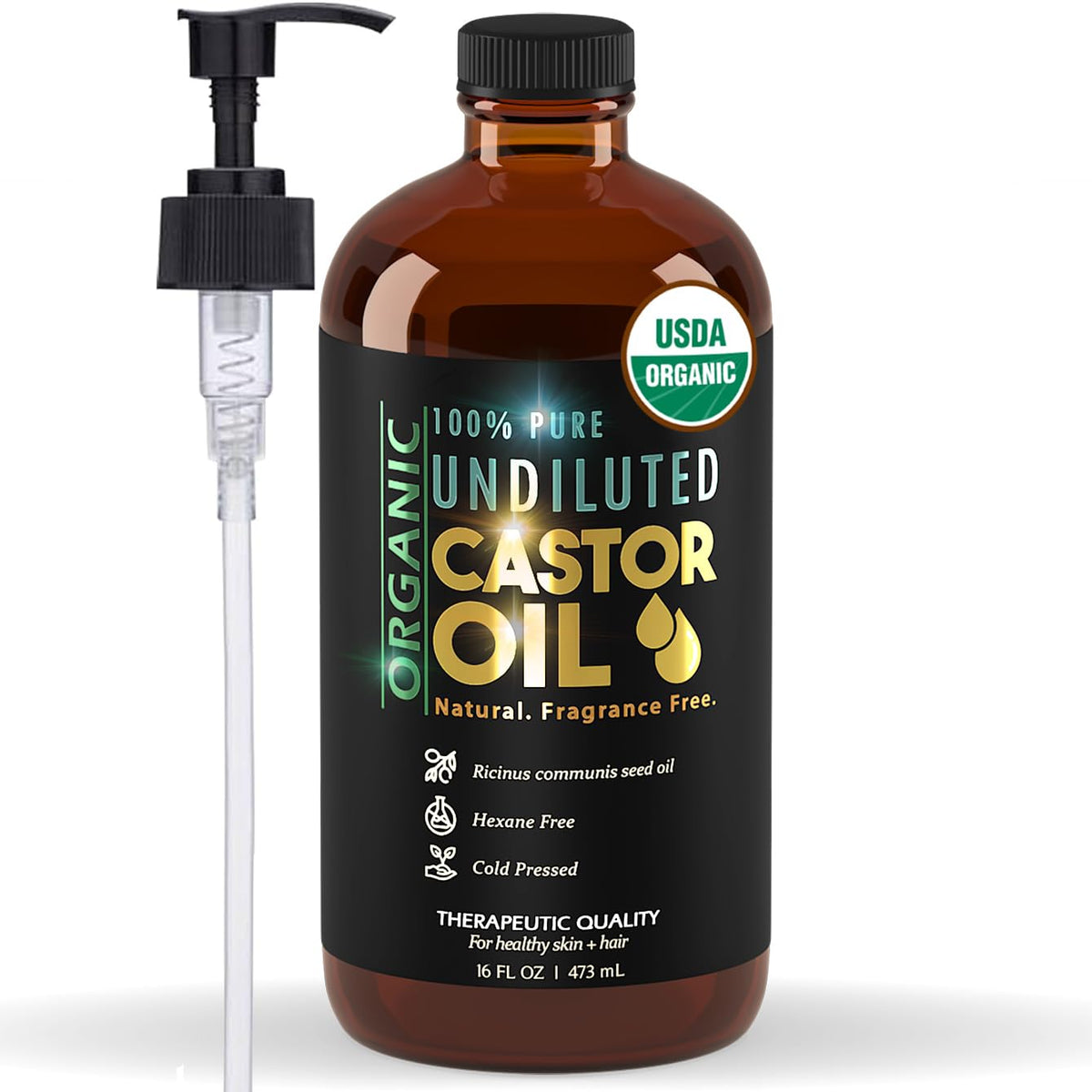BALM OF GILEAD Castor Oil in amber bottle with pump for easy daily application.