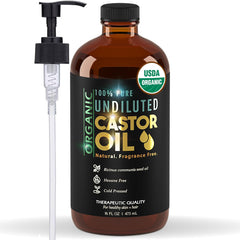 BALM OF GILEAD Castor Oil in amber bottle with pump for easy daily application.
