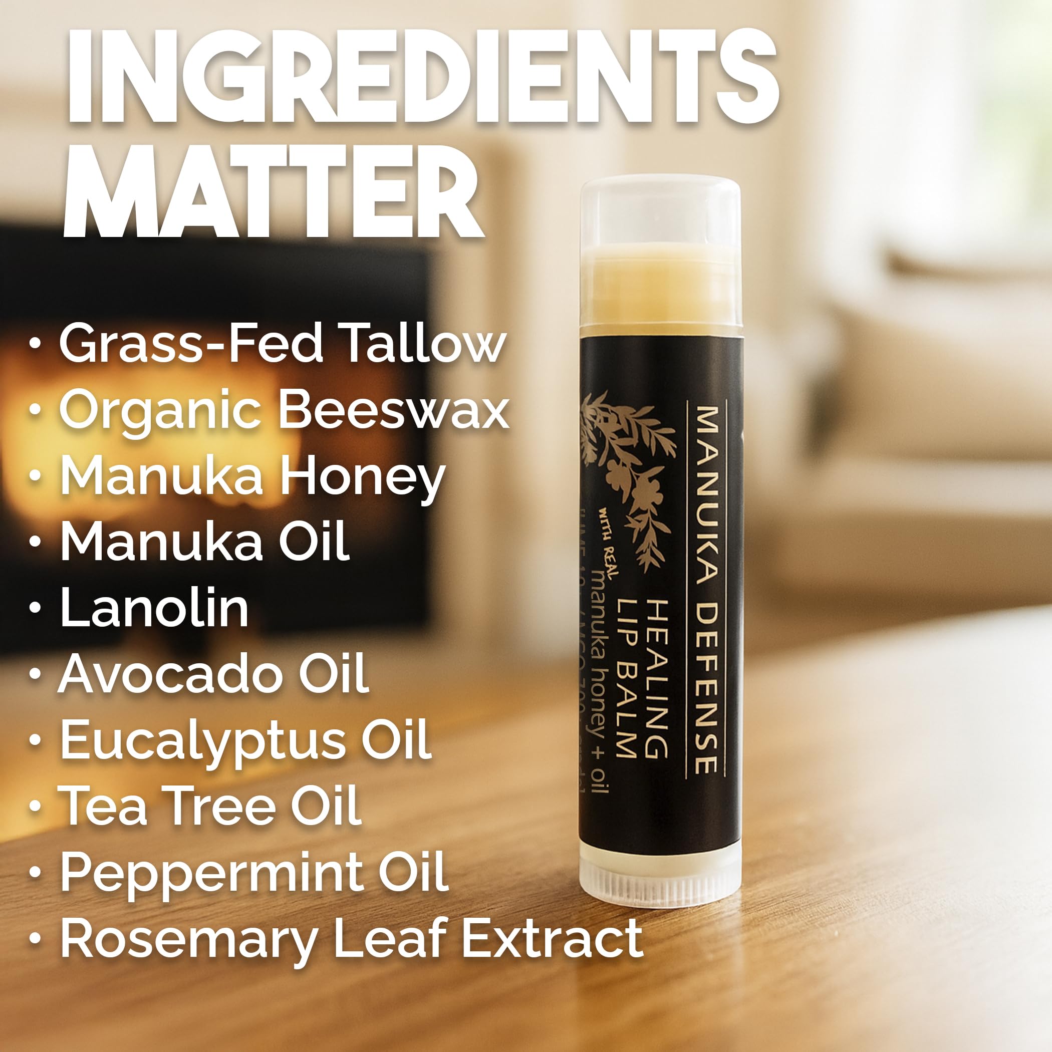 BALM OF GILEAD Manuka Defense lip balm features Tea Tree oil for a refreshing aroma