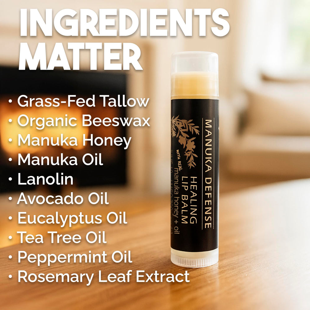 BALM OF GILEAD Manuka Defense lip balm features Tea Tree oil for a refreshing aroma