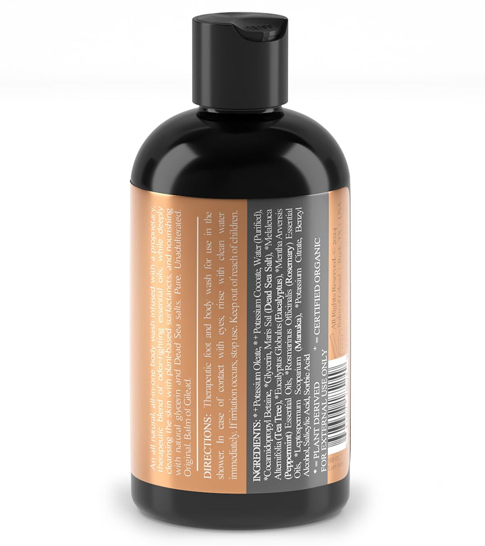 BALM OF GILEAD Tea Tree Body Wash foam delivering refreshing lather with mint aroma.