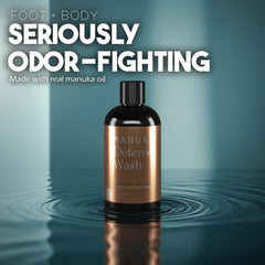 BALM OF GILEAD Tea Tree Body Wash ingredient panel highlights Manuka oil and Dead Sea minerals.