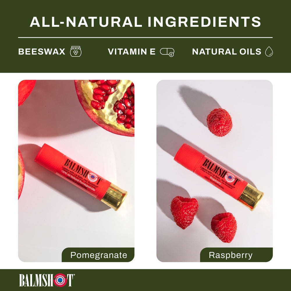 Balmshot Lip Balm Variety Pack display featuring fruit-flavored options