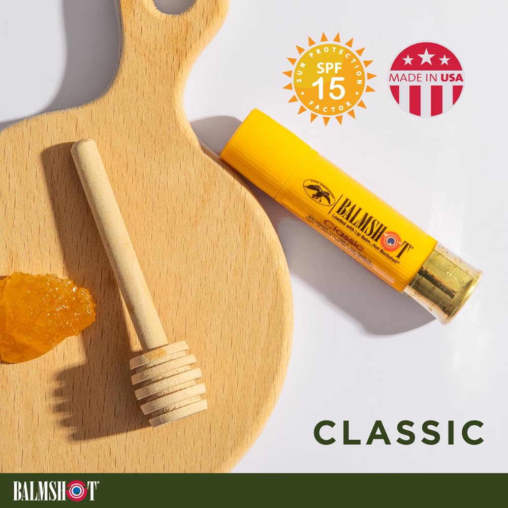 Balmshot lip balm with smooth turning metal base for clean application.