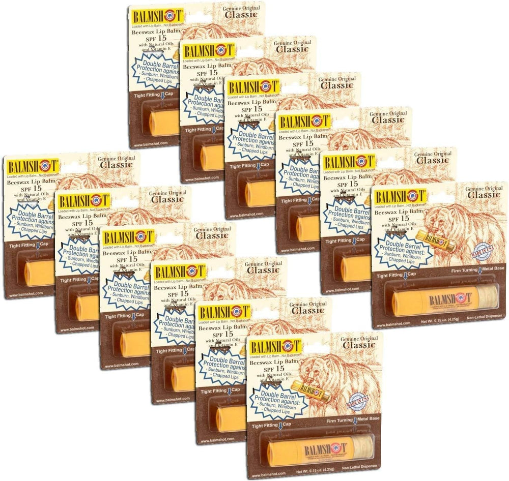 Balmshot original beeswax lip balm with SPF 15 in a rugged shotgun-tube for outdoor protection