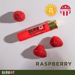 Balmshot Raspberry lip balm offers natural raspberry flavor.