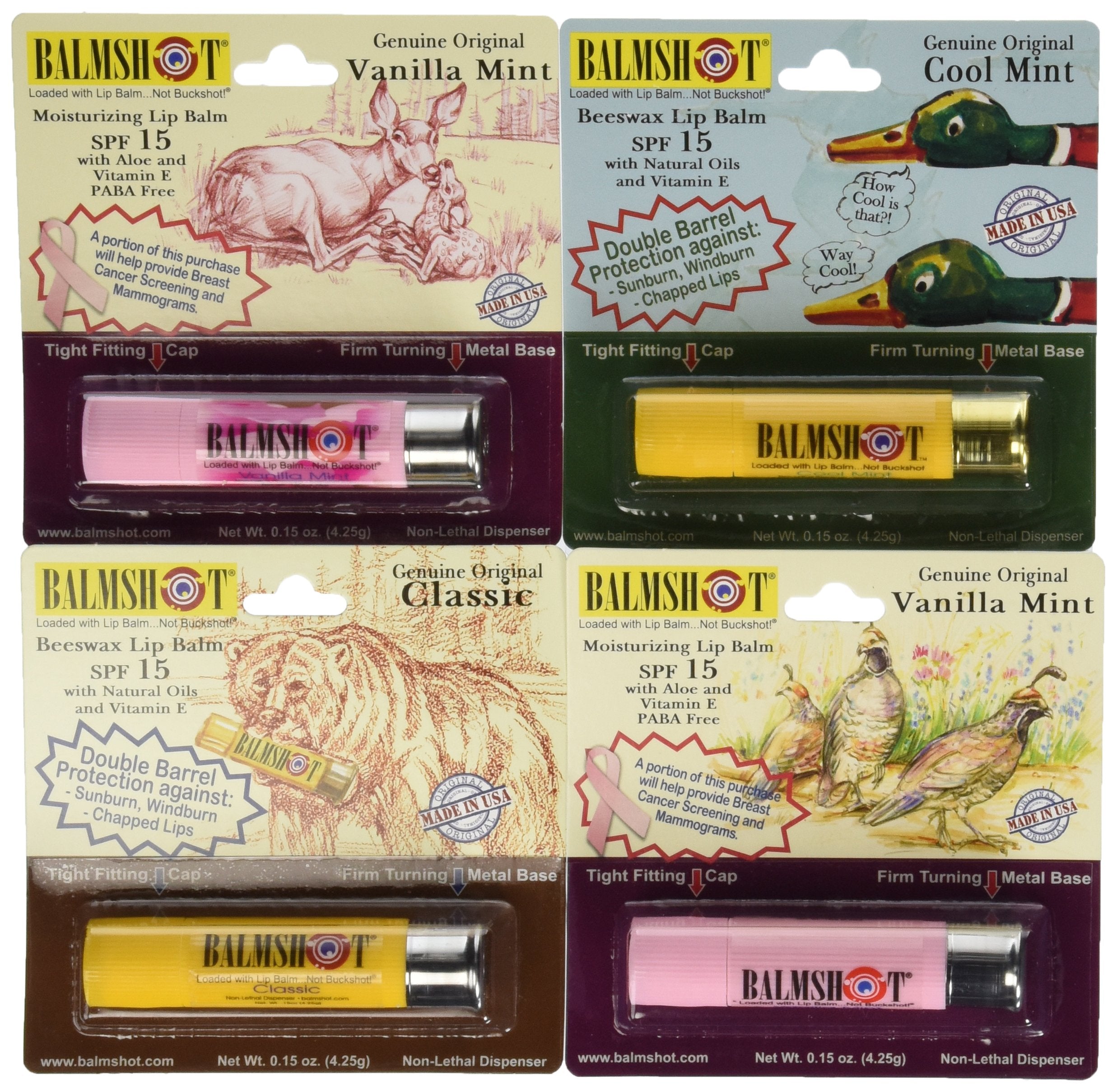 Balmshot SPF 15 lip balm in rugged shotgun-shell case for outdoor lip protection.
