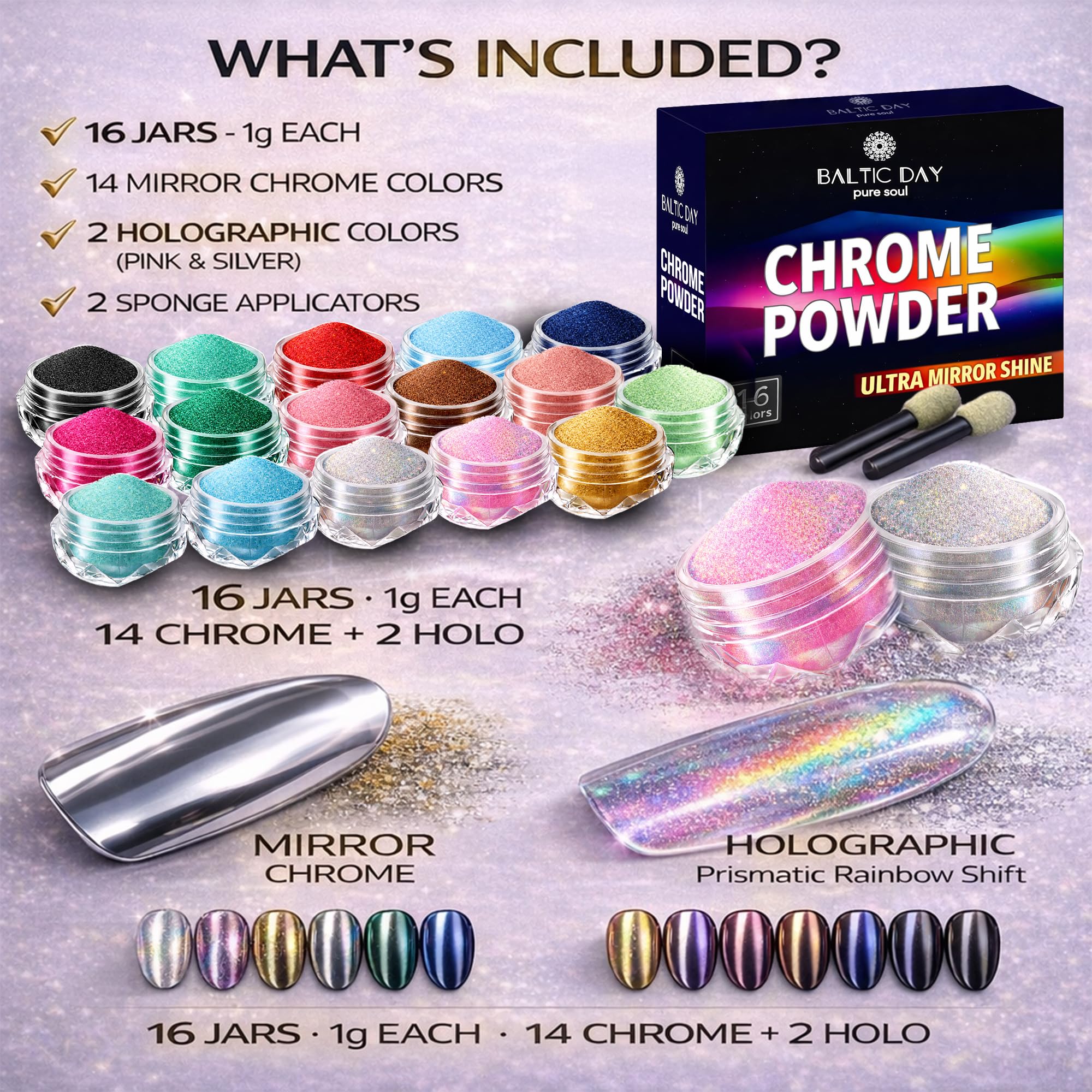 Baltic Day chrome powder jar delivering metallic mirror finish on nails.