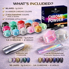 Baltic Day chrome powder jar delivering metallic mirror finish on nails.