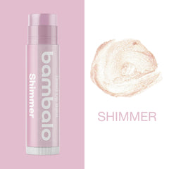 Bambalo tinted lip balm shimmer swatch on lips reveals subtle pearl glow.
