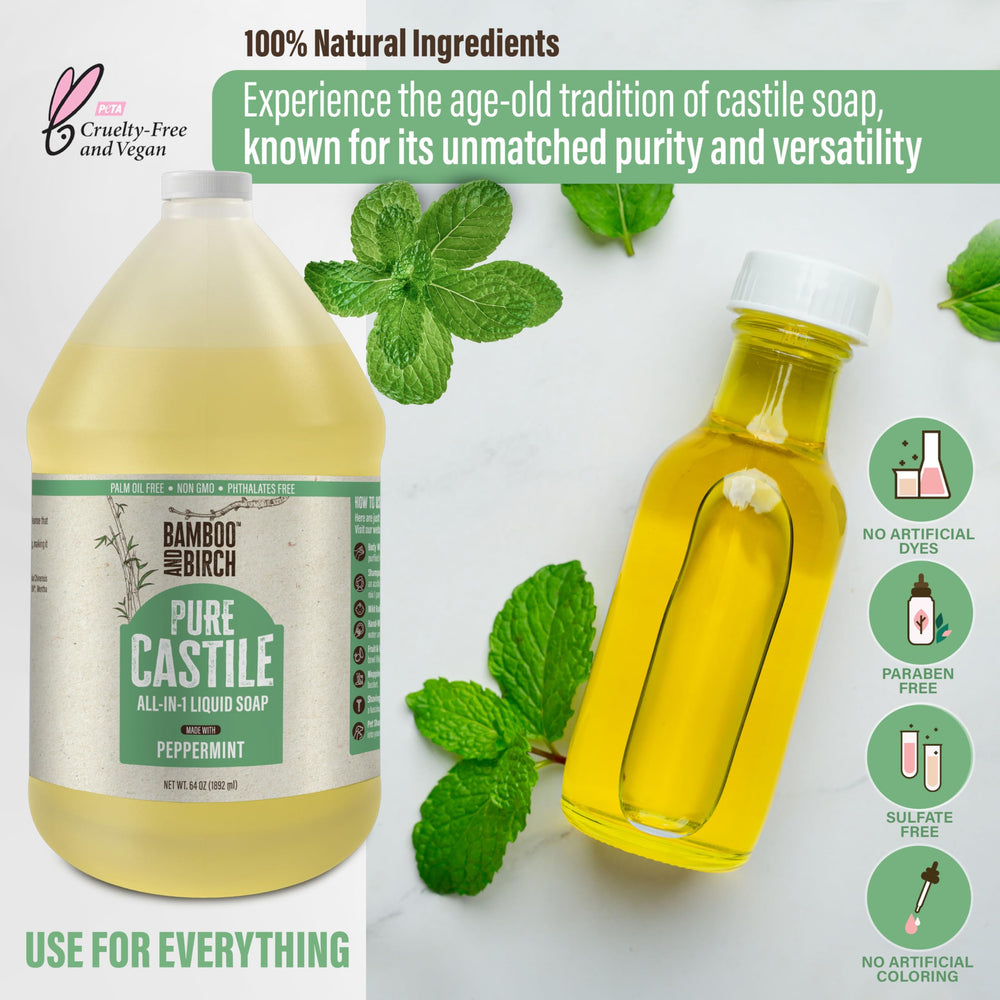 Bamboo and Birch Peppermint Castile Soap used on body for gentle cleansing.