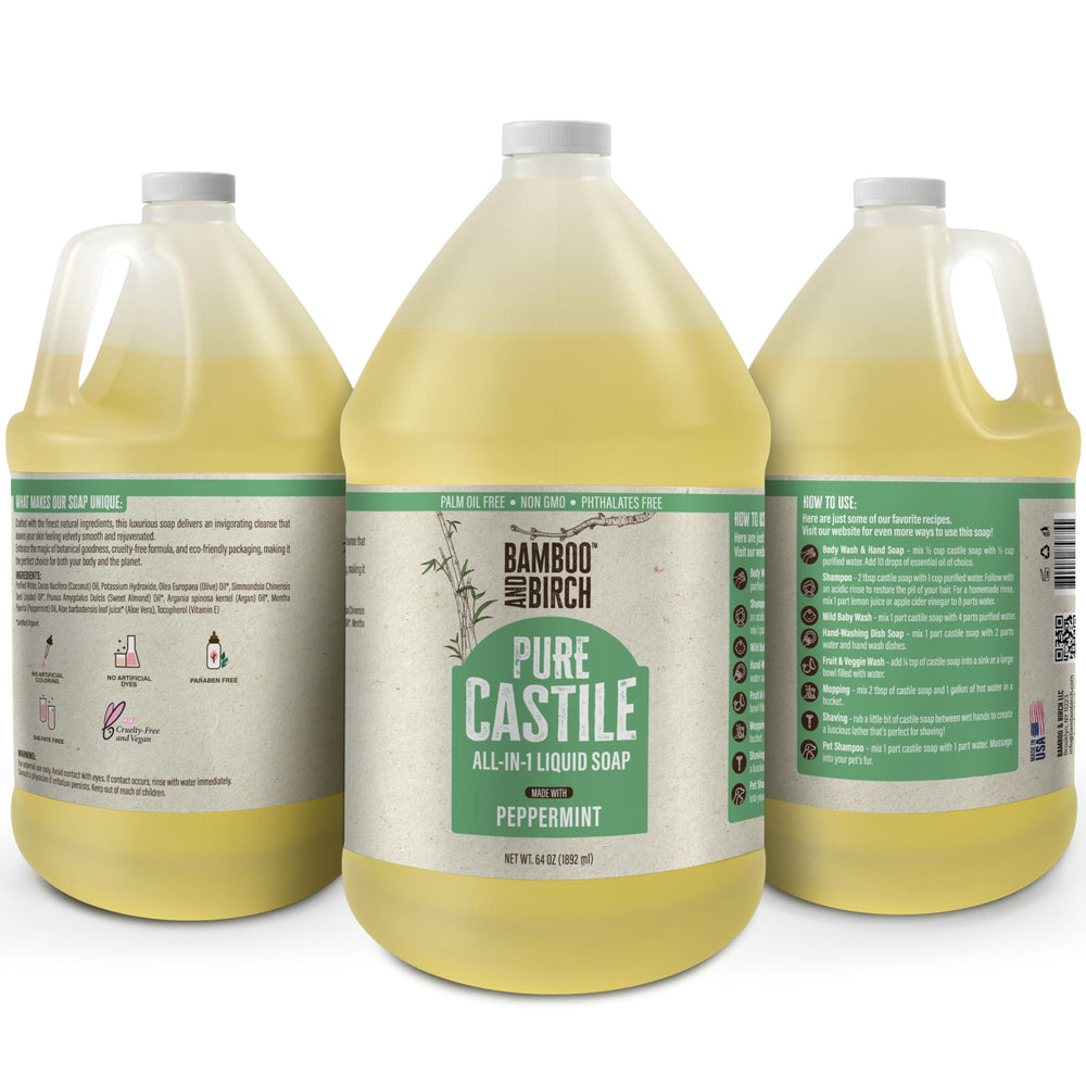 Bamboo and Birch Peppermint Castile Soap bottle front, eco-friendly packaging.
