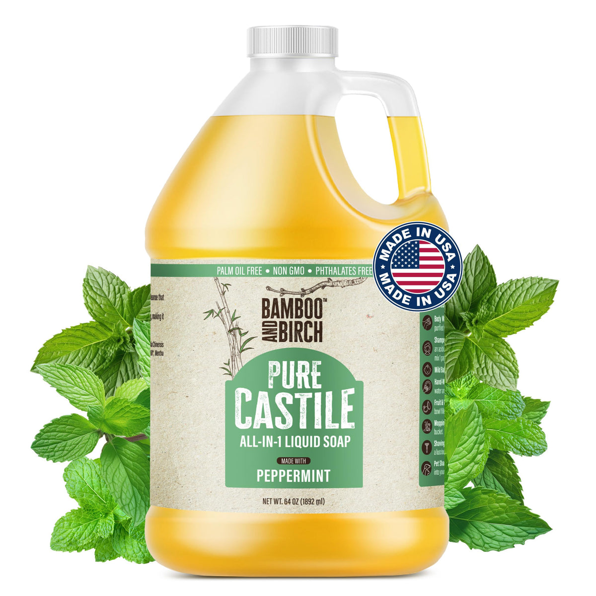Bamboo and Birch Pure Castile Soap Peppermint bottle pour, versatile cleansing.