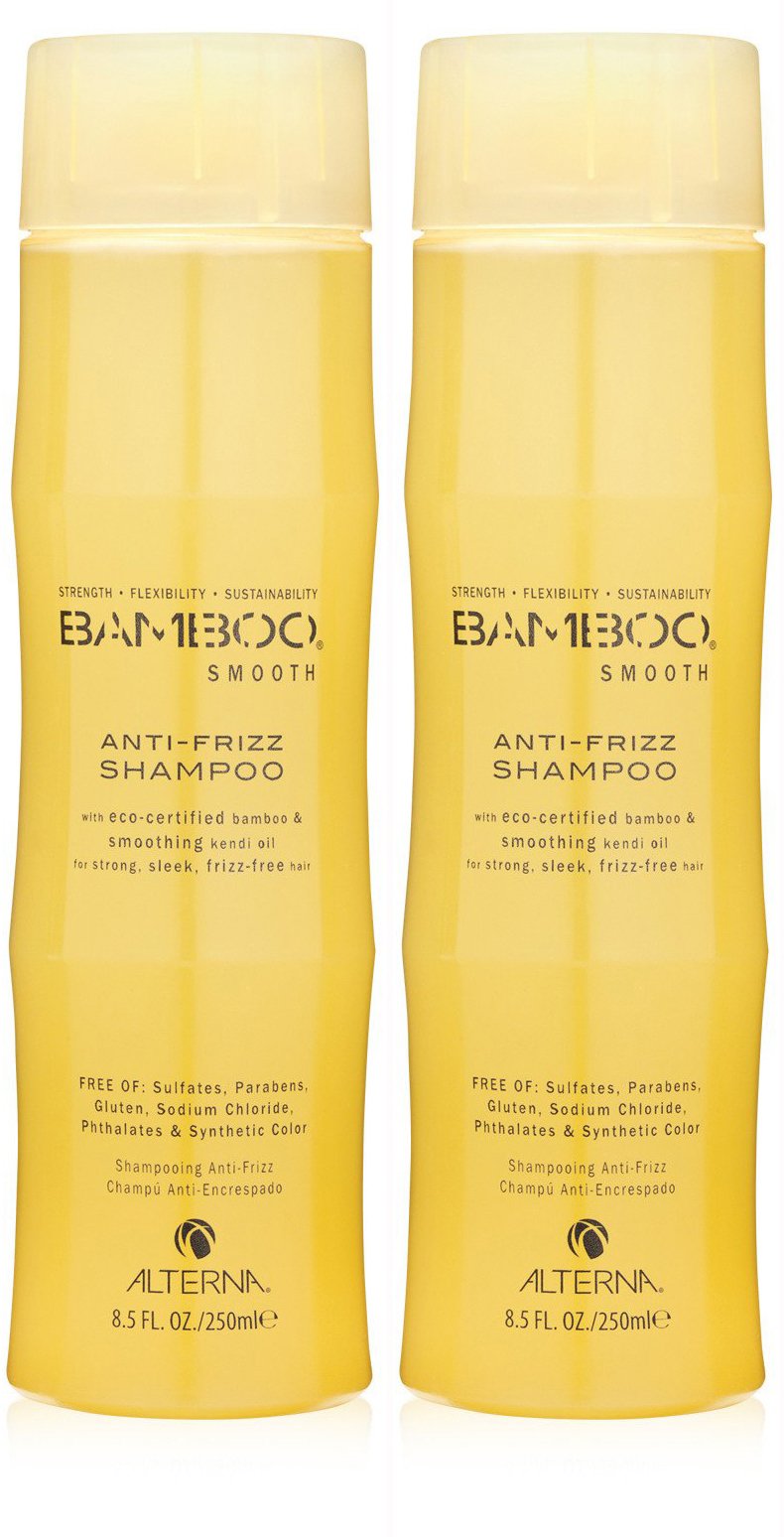 Bamboo Smooth Anti-Frizz Shampoo bottle demonstrates frizz control and smoothness for everyday hair