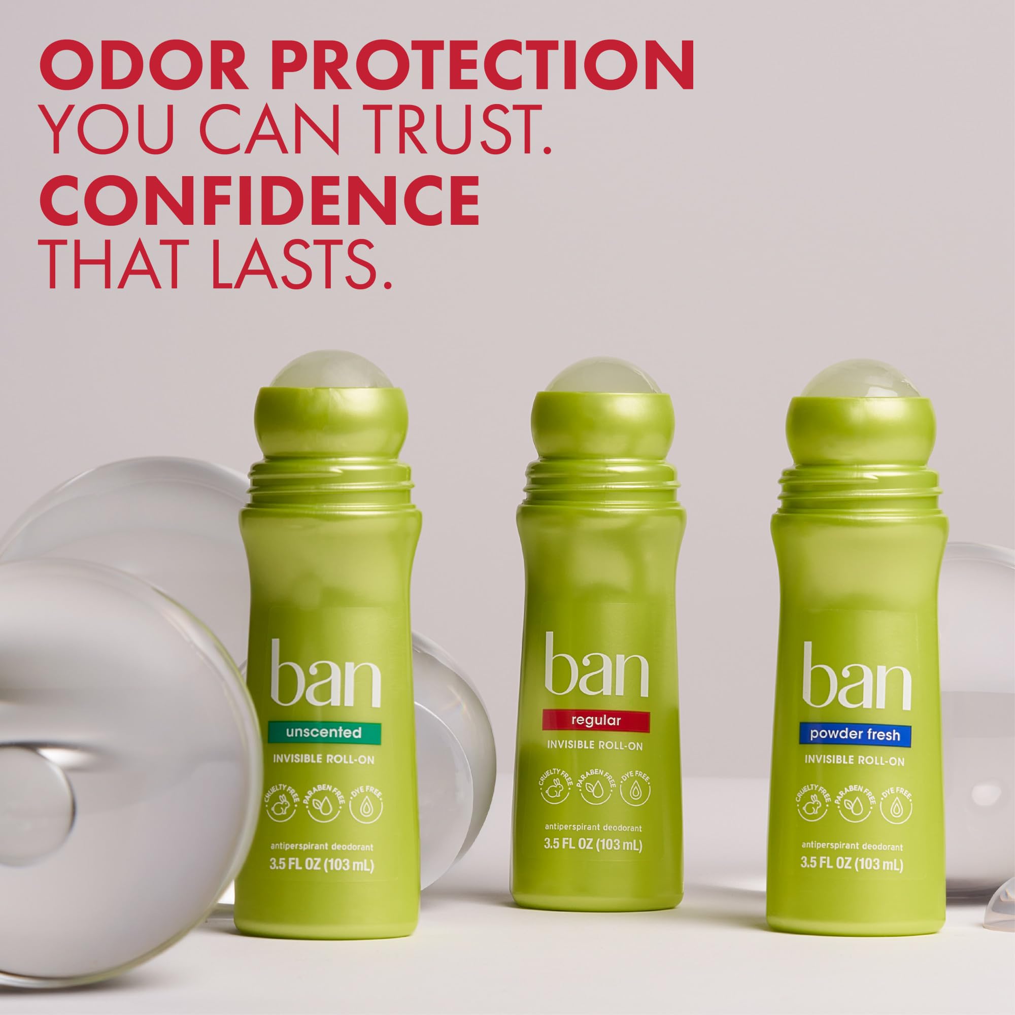 Ban Invisible Roll-On dye-free formula ensures clear, stain-free application.
