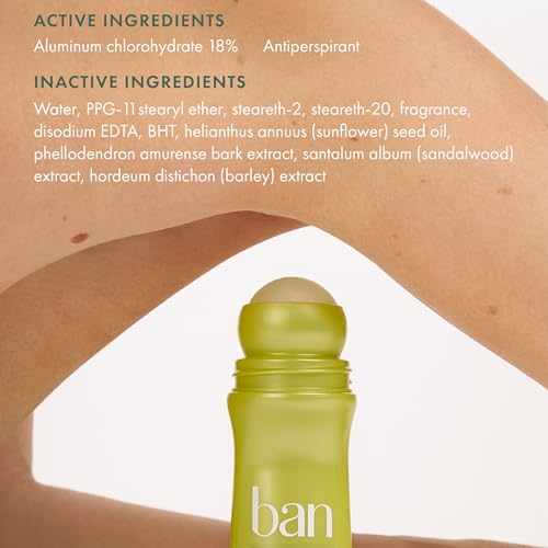 Ban Invisible Roll-On scent label hints rose-ylang ylang fragrance.
