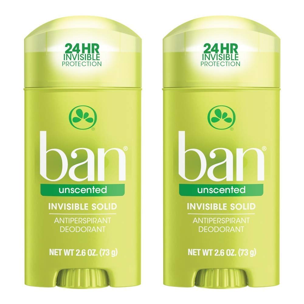 Ban Invisible Solid Unscented deodorant two-pack provides clear protection with no residue