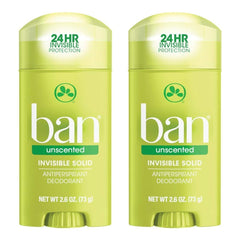 Ban Invisible Solid Unscented deodorant two-pack provides clear protection with no residue