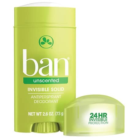 Packaging label for Ban Invisible Solid Unscented deodorant 3-pack.
