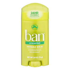 Ban Invisible Solid Unscented deodorant stick on vanity, invisible protection.