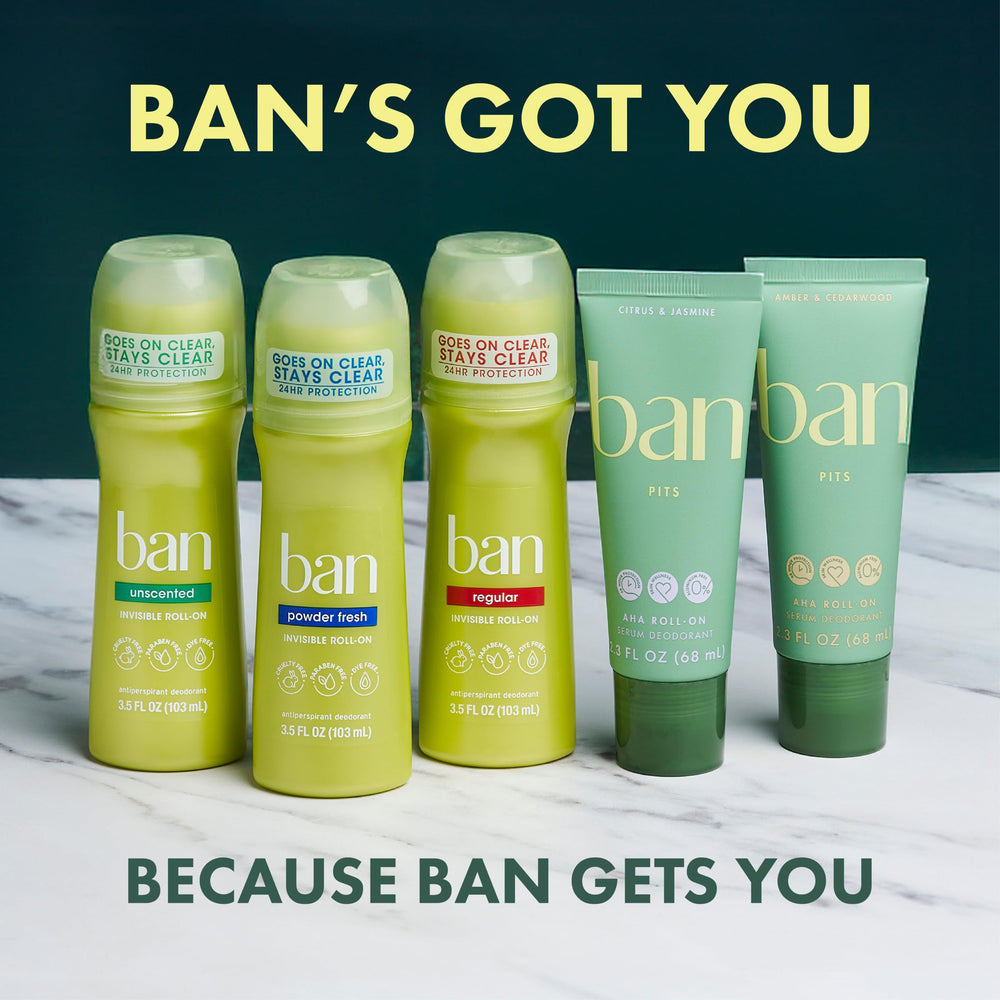 Ban Packaged box front displays two-count Ban roll-on kit.