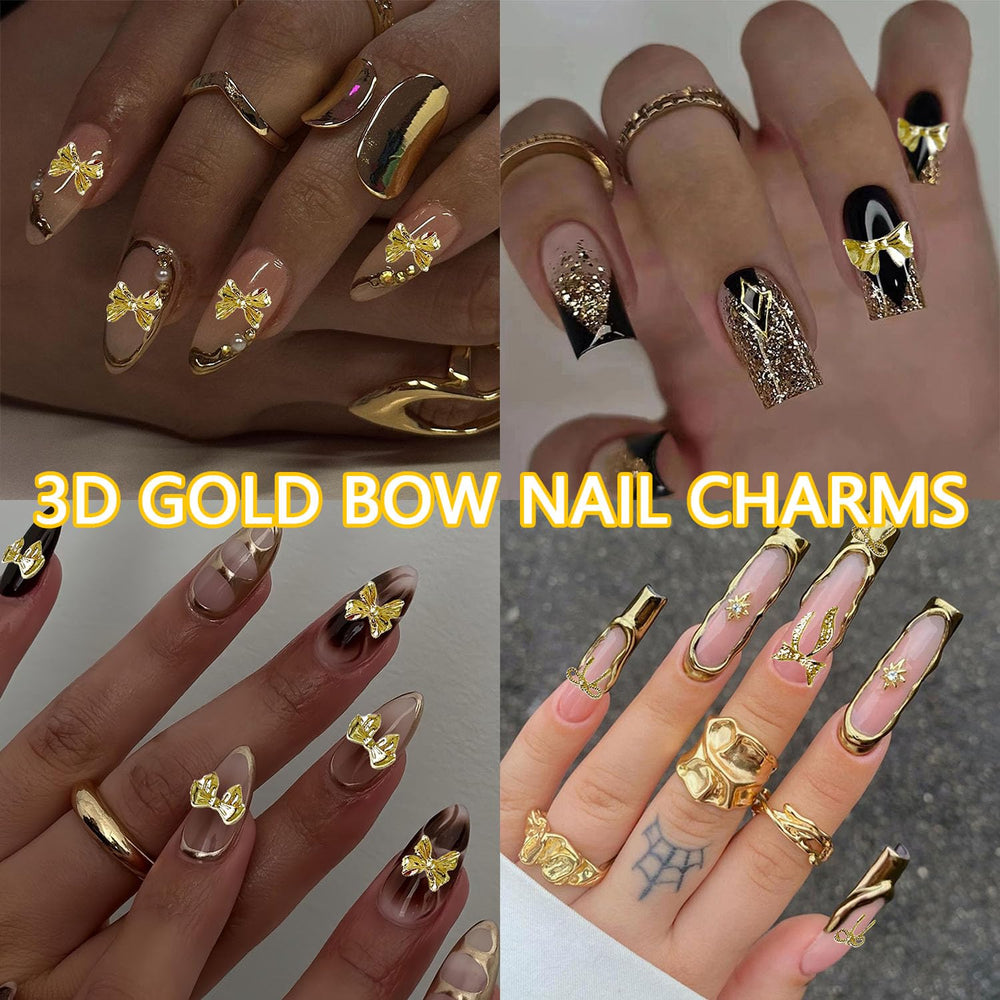 BANA ART gold bow charms on natural nails with glue.