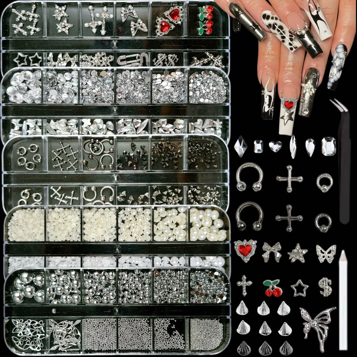 BANA ART Silver Nail Charm Y2K Kit box 1 shows 12 styles of 3D charms for luxe nails