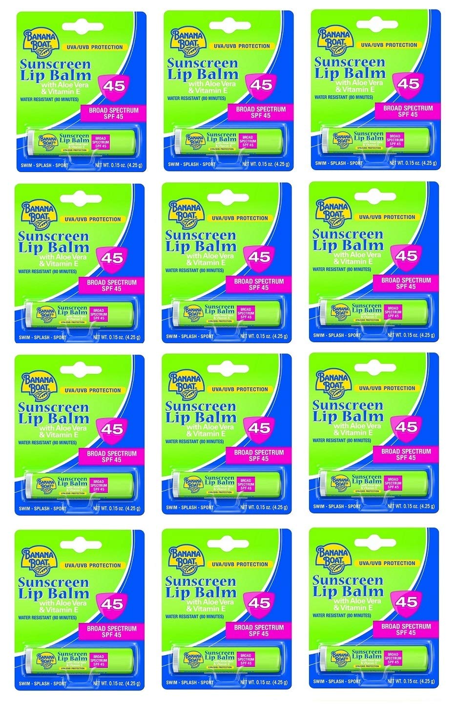 Banana Boat Aloe Vera Lip Balm SPF 45 close-up on a compact tube, hydration-ready.