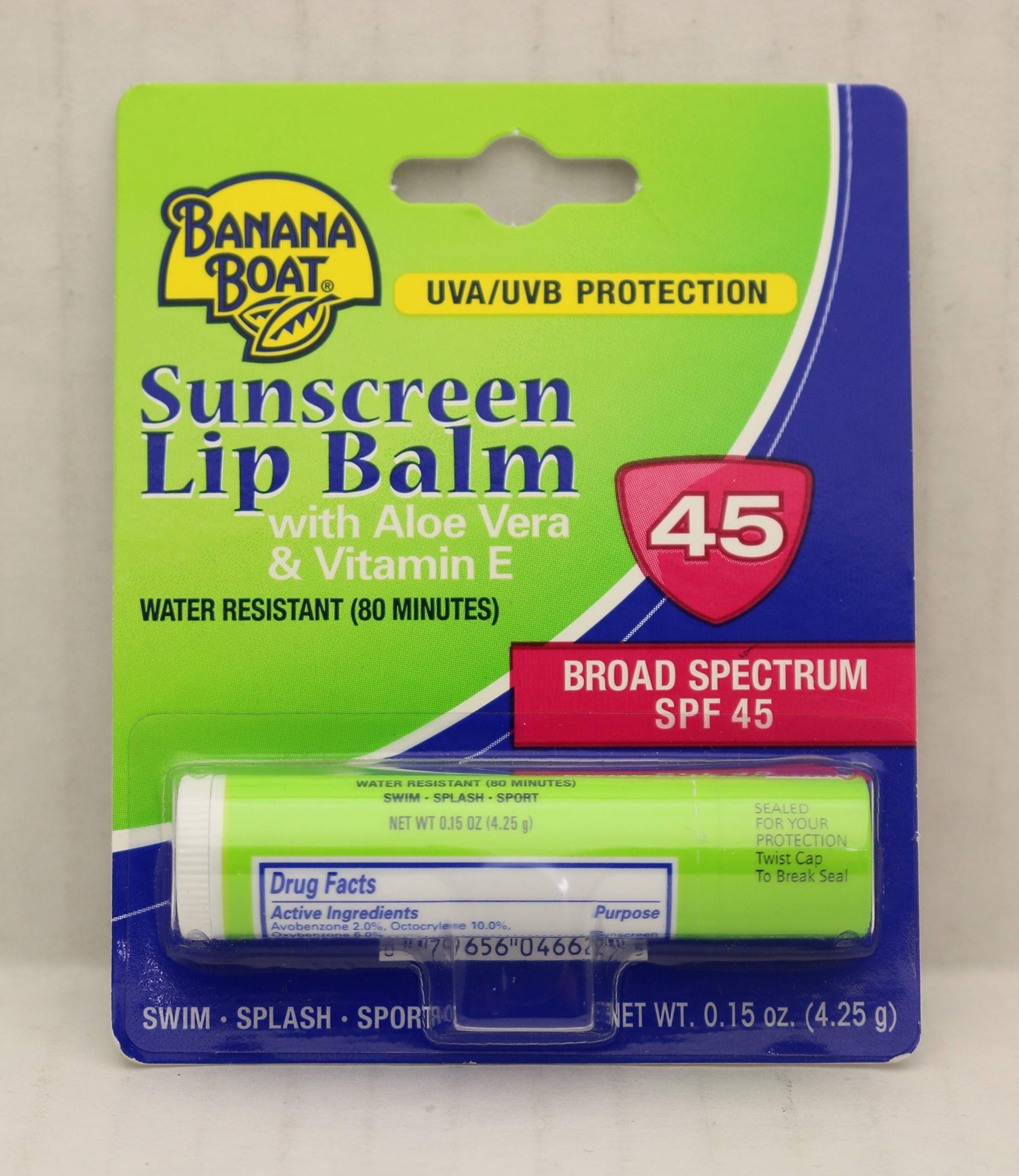 Banana Boat Aloe Vera Lip Balm SPF 45 on lips for sun protection.