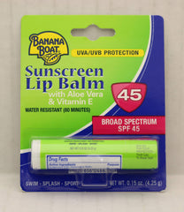 Banana Boat Aloe Vera Lip Balm SPF 45 on lips for sun protection.