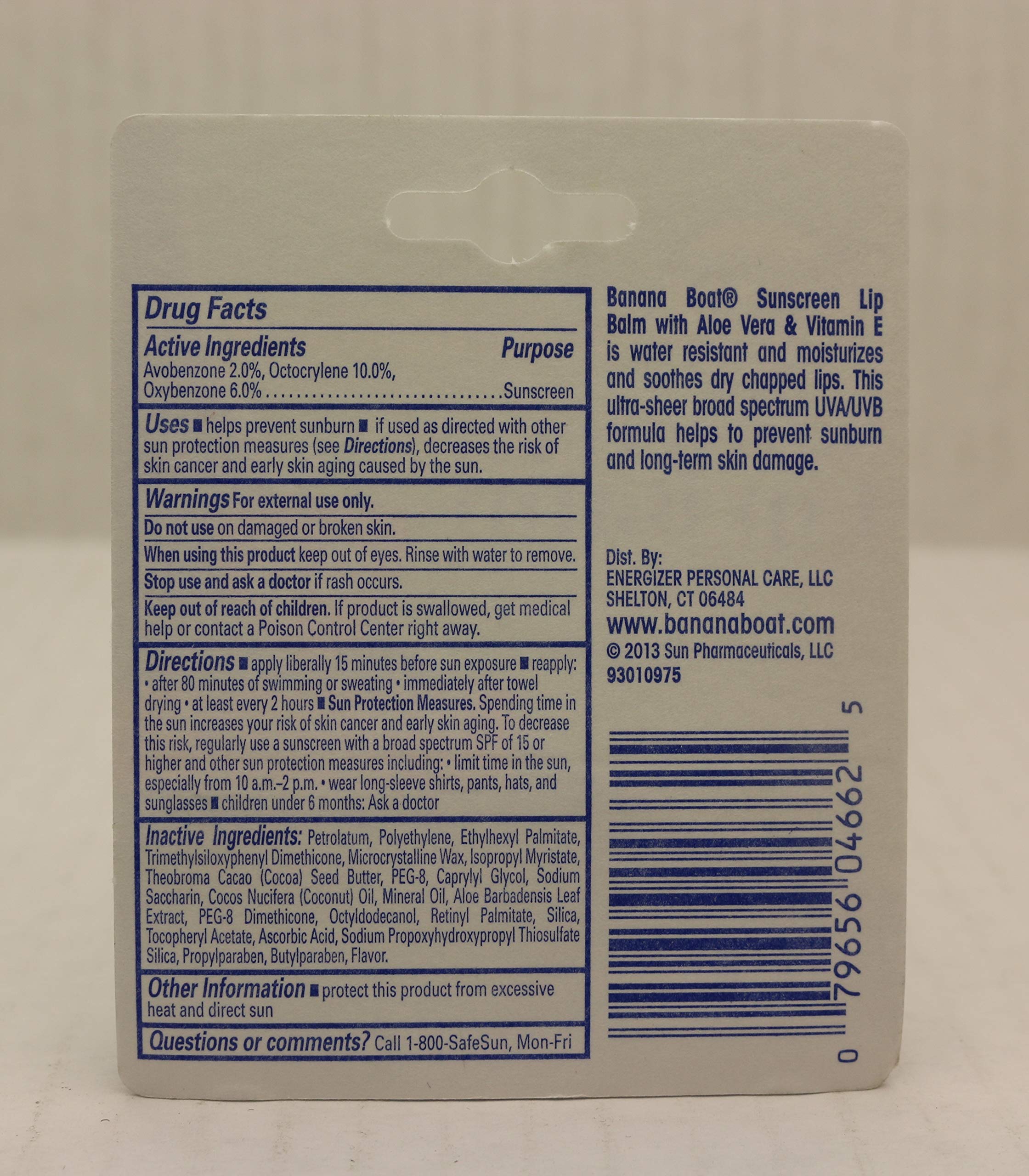 Banana Boat Aloe Vera Lip Balm SPF 45 packaging in a travel-friendly box.