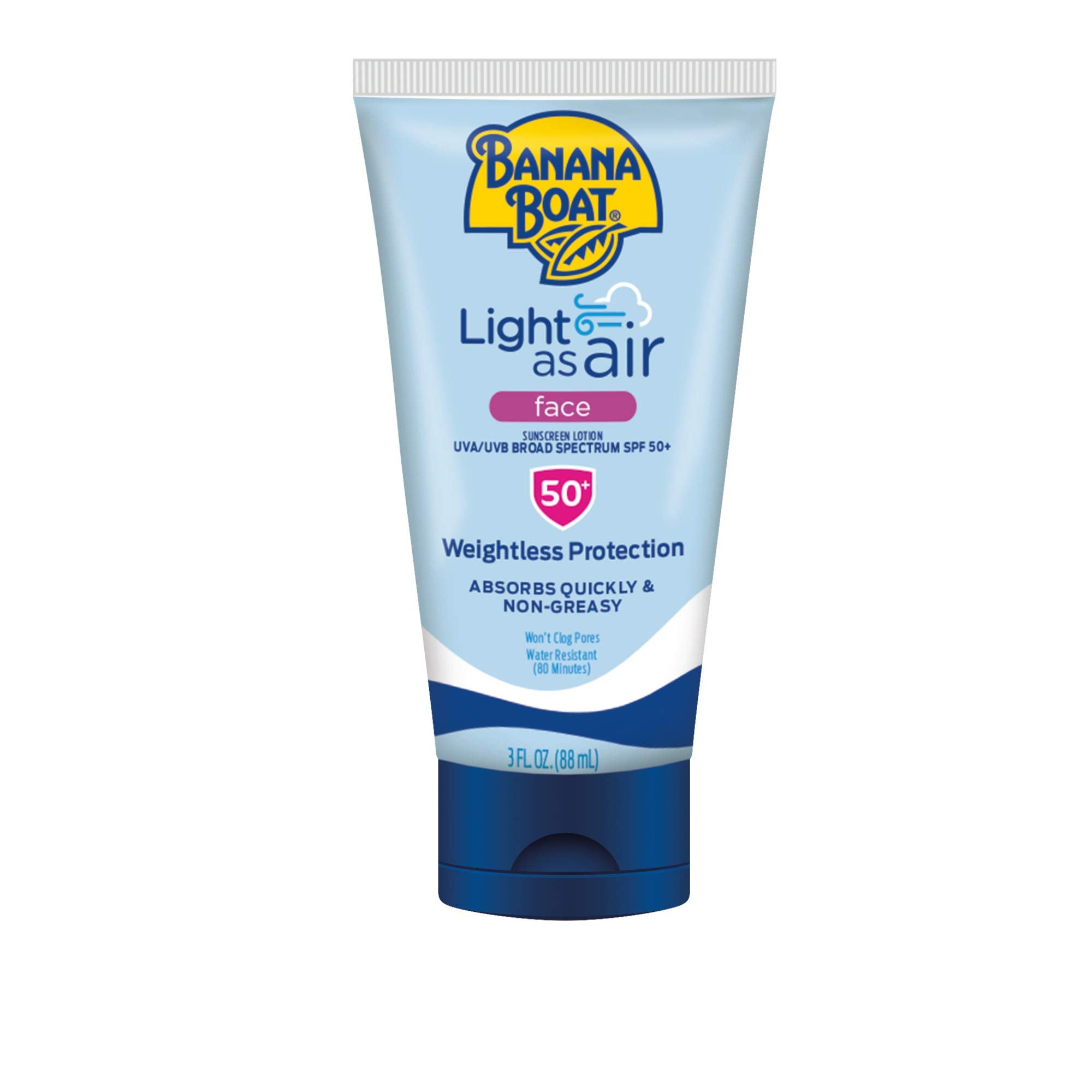 Banana Boat Light As Air SPF 50 bottle shown for travel-ready sun protection.