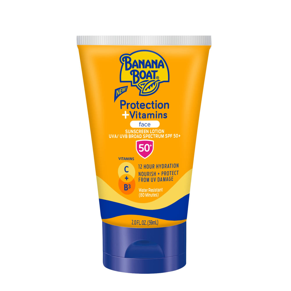 Banana Boat Protection + Vitamins sunscreen lotion with SPF 50 for daily use.