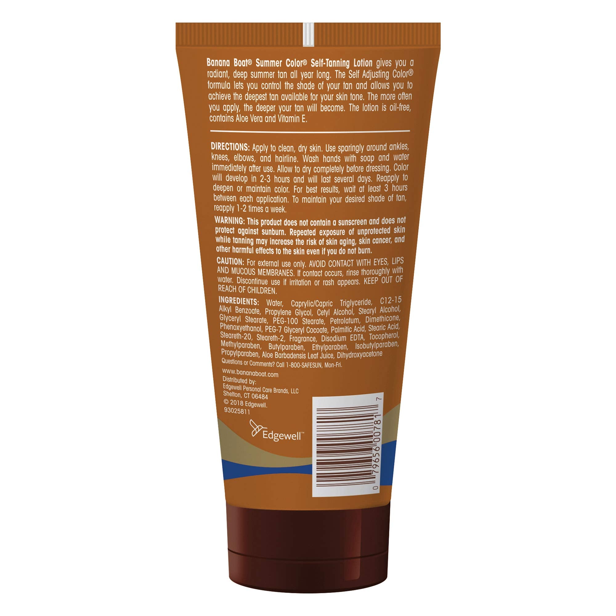 Banana Boat self-tanning lotion texture closeup highlights oil-free formula for quick-drying results.