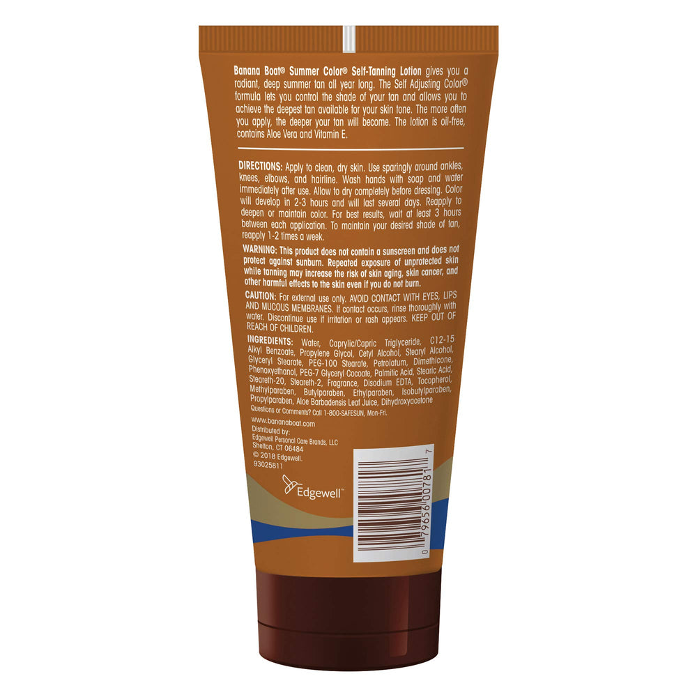 Banana Boat self-tanning lotion texture closeup highlights oil-free formula for quick-drying results.